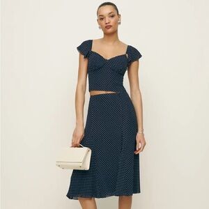 NWT Reformation Sadie Two Piece Navy Polka Dot Midi A-line Skirt Set, Button